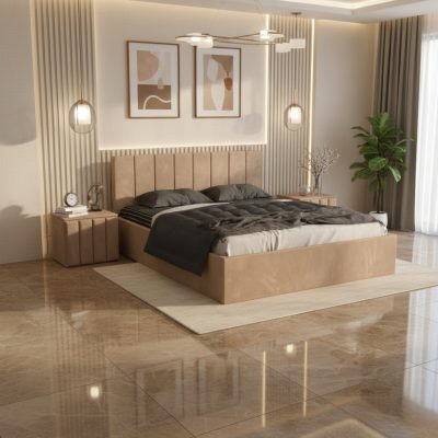 Pat Tapitat Aura Crem Catifea Premium cu Noptiere Tapitate