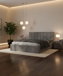 Pat Tapitat Aura Gri Catifea Premium cu Noptiere Tapitate