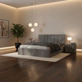 Pat Tapitat Aura Gri Catifea Premium cu Noptiere Tapitate