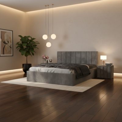 Pat Tapitat Aura Gri Catifea Premium cu Noptiere Tapitate