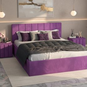Pat Tapitat Aura Mov Catifea Premium cu Noptiere Tapitate