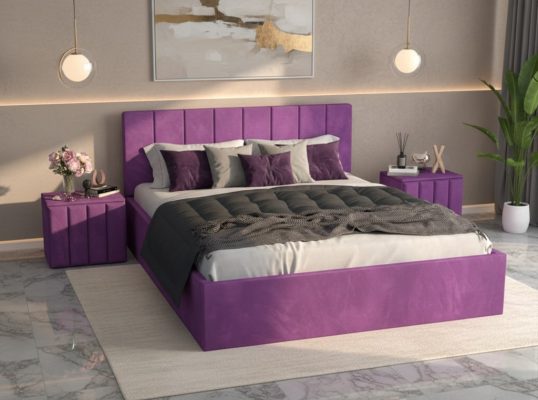 Pat Tapitat Aura Mov Catifea Premium cu Noptiere Tapitate