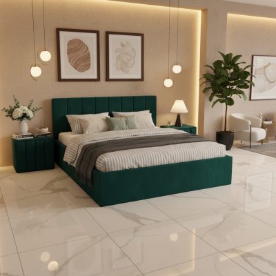 Pat Tapitat Aura Verde Catifea Premium cu Noptiere Tapitate