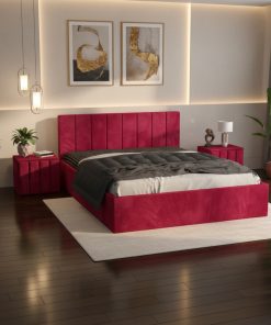 Pat Tapitat Aura Visiniu Catifea Premium cu Noptiere Tapitate