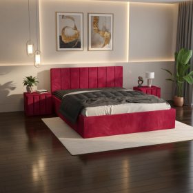 Pat Tapitat Aura Visiniu Catifea Premium cu Noptiere Tapitate