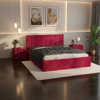 Pat Tapitat Aura Visiniu Catifea Premium cu Noptiere Tapitate