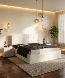 Pat Tapitat Elys Alb Catifea Premium Cu Noptiere Tapitate