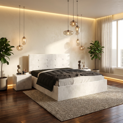 Pat Tapitat Elys Alb Catifea Premium Cu Noptiere Tapitate