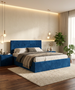 Pat Tapitat Elys Albastru Catifea Premium Cu Noptiere Tapitate