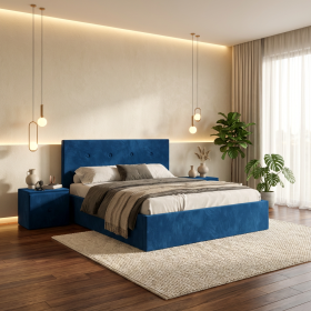 Pat Tapitat Elys Albastru Catifea Premium Cu Noptiere Tapitate
