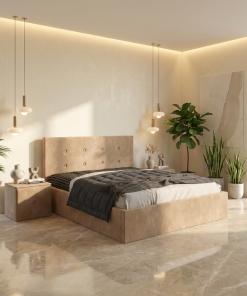 Pat Tapitat Elys Crem Catifea Premium Cu Noptiere Tapitate