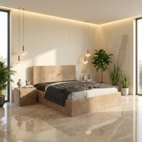 Pat Tapitat Elys Crem Catifea Premium Cu Noptiere Tapitate