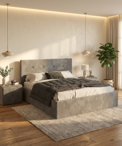 Pat Tapitat Elys Gri Catifea Premium Cu Noptiere Tapitate