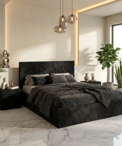 Pat Tapitat Elys Negru Catifea Premium Cu Noptiere Tapitate