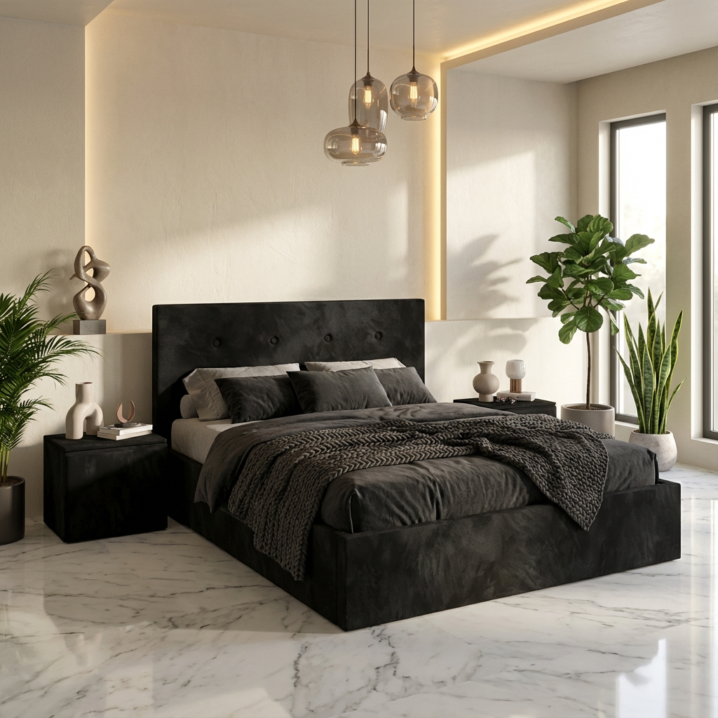 Pat Tapitat Elys Negru Catifea Premium Cu Noptiere Tapitate
