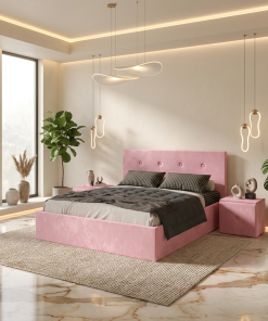 Pat Tapitat Elys Roz Catifea Premium Cu Noptiere Tapitate