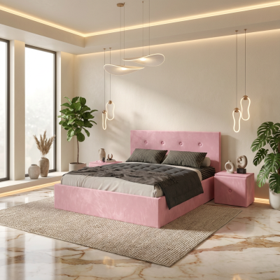 Pat Tapitat Elys Roz Catifea Premium Cu Noptiere Tapitate