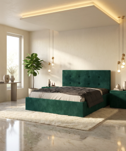 Pat Tapitat Elys Verde Catifea Premium Cu Noptiere Tapitate