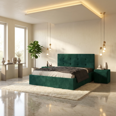 Pat Tapitat Elys Verde Catifea Premium Cu Noptiere Tapitate