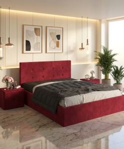 Pat Tapitat Elys Visiniu Catifea Premium Cu Noptiere Tapitate