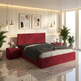 Pat Tapitat Elys Visiniu Catifea Premium Cu Noptiere Tapitate