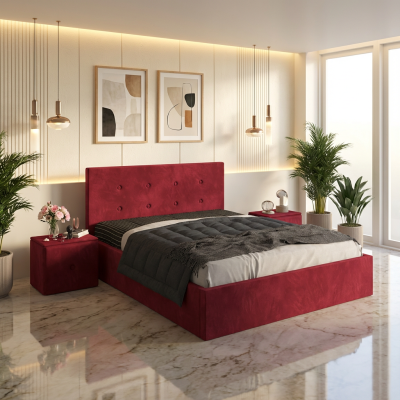 Pat Tapitat Elys Visiniu Catifea Premium Cu Noptiere Tapitate