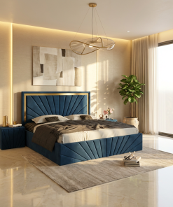 Pat Tapitat Enzo Albastru Premium Cu 2 Noptiere Tapitate