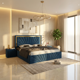 Pat Tapitat Enzo Albastru Premium Cu 2 Noptiere Tapitate