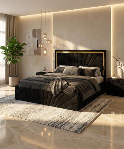 Pat Tapitat Enzo Negru Premium Cu 2 Noptiere Tapitate