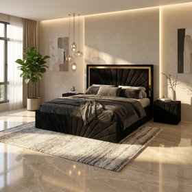 Pat Tapitat Enzo Negru Premium Cu 2 Noptiere Tapitate