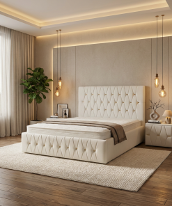 Pat Tapitat Iris Alb Catifea Premium Cu Noptiere Tapitate