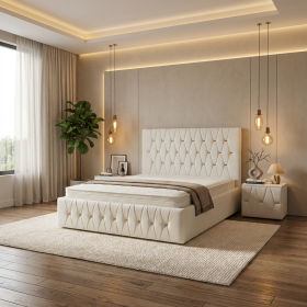 Pat Tapitat Iris Alb Catifea Premium Cu Noptiere Tapitate