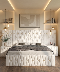 Pat Tapitat Iris Alb Cu Extensii Si Noptiere Tapitate