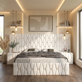 Pat Tapitat Iris Alb Cu Extensii Si Noptiere Tapitate