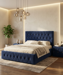 Pat Tapitat Iris Albastru Catifea Premium cu Noptiere Tapitate