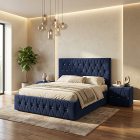 Pat Tapitat Iris Albastru Catifea Premium cu Noptiere Tapitate