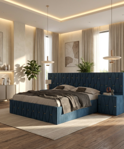 Pat Tapitat Iris Albastru Cu Extensii Si Noptiere Tapitate