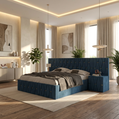 Pat Tapitat Iris Albastru Cu Extensii Si Noptiere Tapitate