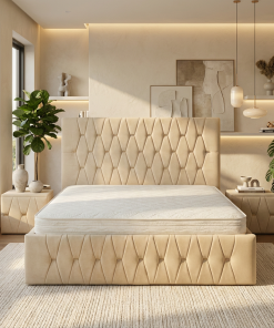 Pat Tapitat Iris Crem Catifea Premium cu Noptiere Tapitate