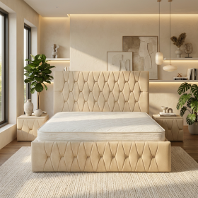 Pat Tapitat Iris Crem Catifea Premium cu Noptiere Tapitate