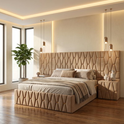 Pat Tapitat Iris Crem Cu Extensii Si Noptiere Tapitate