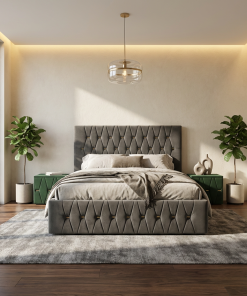 Pat Tapitat Iris Gri Catifea Premium cu Noptiere Tapitate