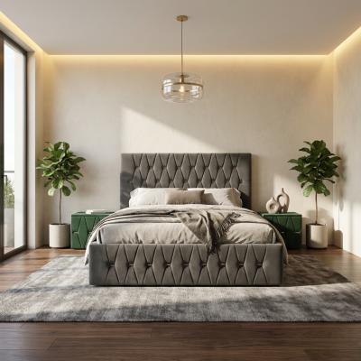 Pat Tapitat Iris Gri Catifea Premium cu Noptiere Tapitate