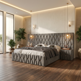 Pat Tapitat Iris Gri Cu Extensii Si Noptiere Tapitate