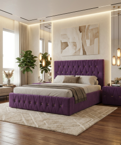 Pat Tapitat Iris Mov Catifea Premium cu Noptiere Tapitate