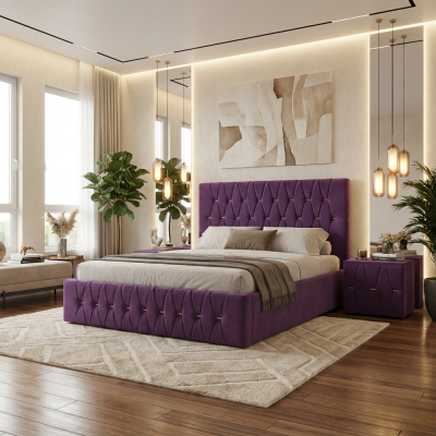 Pat Tapitat Iris Mov Catifea Premium cu Noptiere Tapitate