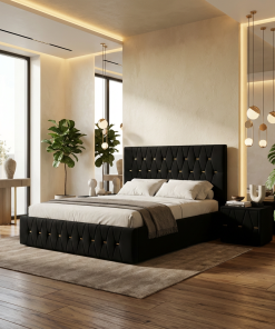 Pat Tapitat Iris Negru Catifea Premium Cu Noptiere Tapitate