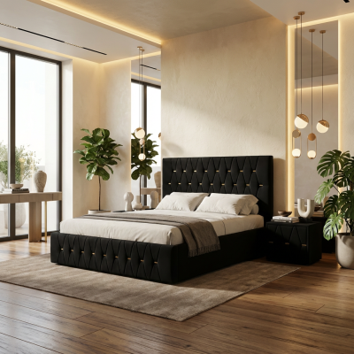 Pat Tapitat Iris Negru Catifea Premium Cu Noptiere Tapitate