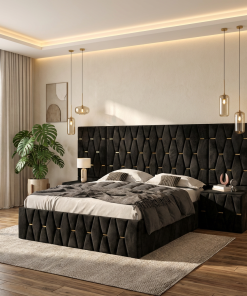 Pat Tapitat Iris Negru Cu Extensii Si Noptiere Tapitate