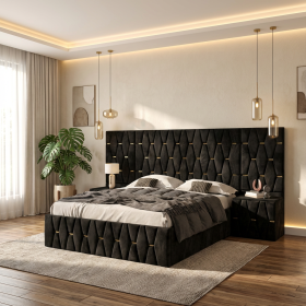 Pat Tapitat Iris Negru Cu Extensii Si Noptiere Tapitate